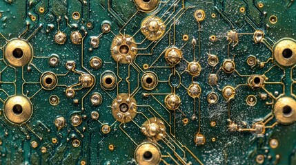Poster - Intricate Close-up of a Green Circuit Board with Gold Connectors