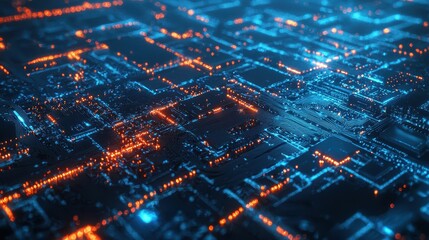 Poster - Abstract Digital Landscape with Blue and Orange Light Patterns