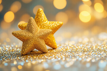 Poster - Golden glitter stars on a shimmering background.
