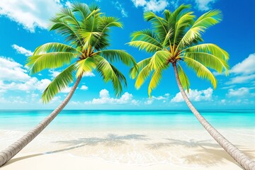 Aufkleber - Two tropical palm trees on a sandy beach with turquoise ocean and bright blue sky background.