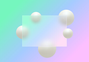 Poster - gradient background with translucent glass partition with floating light beige spheres.