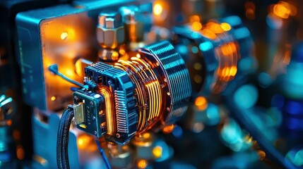 Poster - Close-up of High-Tech Circuitry with Blue and Orange Glow Effects