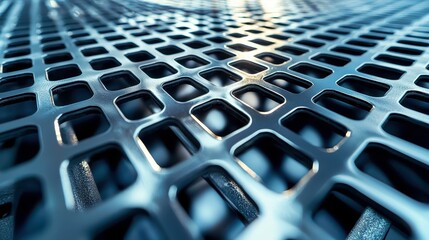 Poster - Metallic Mesh with Geometric Patterns and Reflections in Blue Light