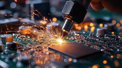 Poster - Close-Up of Hand Soldering Circuit Board with Spark and Detail