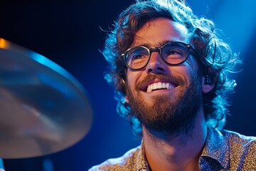 Poster - Smiling drummer performs on stage under vibrant lights during live music event in an urban venue