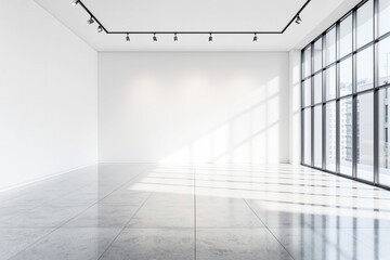 Aufkleber - Empty bright room with large windows and tiled floor, illuminated by natural sunlight.