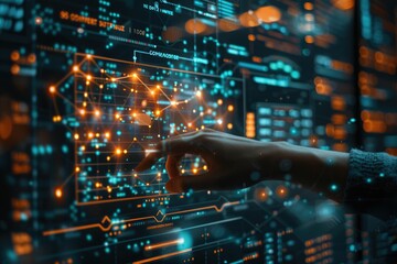 Poster - A hand interacts with a futuristic holographic interface displaying complex data networks and connections.