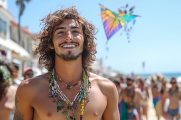 Wall Mural - Young man smiling at a beach festival while colorful kites fly in the background on a sunny day near the ocean