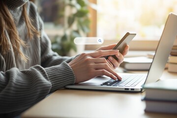 Poster - Woman using smartphone and laptop with search bar concept on blurred background.
