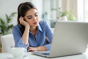 Aufkleber - Woman in blue shirt working on laptop with a cup of coffee on desk.