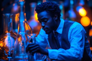 Aufkleber - Scientist conducting experiments in a dimly lit laboratory filled with glassware and glowing lights during evening hours
