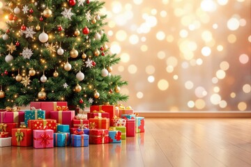 Poster - Festive Christmas tree decorated with ornaments and gifts underneath.
