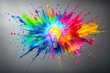 Poster - Vibrant Lightbulb with Exploding Colorful Paint Splash on Gray Background.