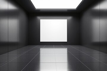 Poster - Blank white canvas on black wall in modern minimalistic room with tiled floor and soft lighting.