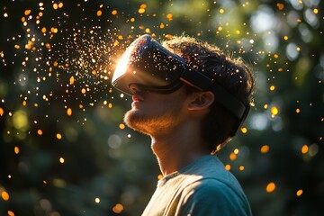 Aufkleber - Young man experiences virtual reality in a lush outdoor setting surrounded by shimmering particles during golden hour