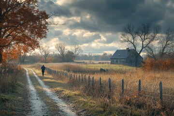 Scenic rural pathway with a person walking near a cozy farmhouse in autumn light