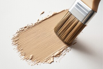 Poster - Close-up of a brush applying beige paint on a textured white surface.