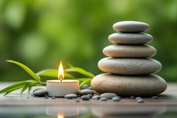 Aufkleber - Spa stones and candle with green background.