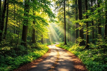 Poster - Serene forest path illuminated by sun rays through vibrant green foliage.