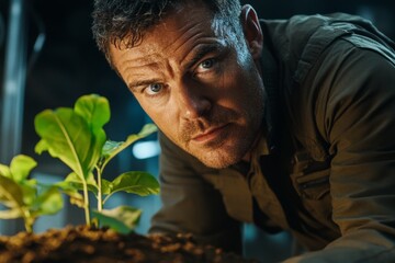 Poster - Scientist studies small plant growth in a laboratory setting, showcasing determination and curiosity about life