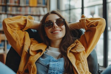 Wall Mural - Young woman enjoying a relaxed moment in a cozy library wearing sunglasses and a yellow jacket