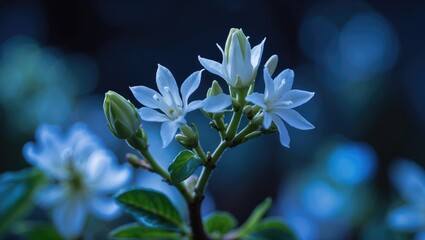 Sticker - White flower cluster with delicate petals and green leaves against a blurred blue background in natural lighting.