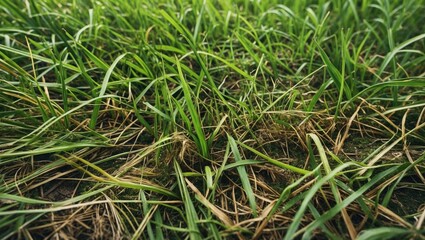 Poster - Close-up of green grass and dry blades on the ground in a natural setting with soil visible beneath the grass.