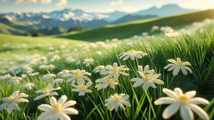 Poster - field of white daisies blooming on a grassy hillside with mountains in the background under a bright