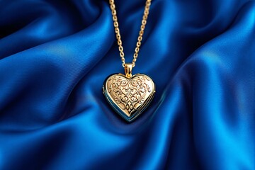 Poster - Golden heart-shaped locket with intricate design on vibrant blue silk background.