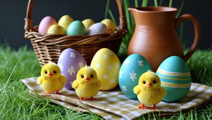 Wall Mural - Easter decoration with colorful eggs and cute yellow chicks in a basket on green grass with a clay jug in the background