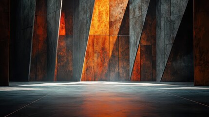 Poster - Modern Abstract Interior with Angular Orange and Gray Walls