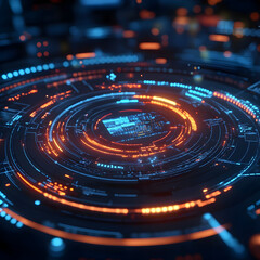 Fototapete - Cybernetic Convergence: Capturing the heart of digital transformation, an intricate network of interconnected circuitry glows with an electric light. Immerse yourself in a dynamic depiction of data.