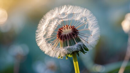 Poster - Dandelion seed head in sunlight close-up with blurred green background natural botanical photography