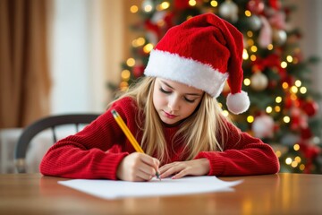 Poster - Young girl writing a letter with pencil wearing Santa hat near Christmas tree on festive holiday background.
