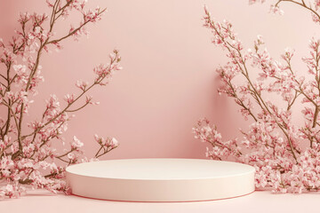 Poster - Round empty podium on a soft pastel background, surrounded by delicate flowers, perfect for Mother’s Day, Women's day, March 8,Easter promotions.. Podium for product presentation and demonstration.