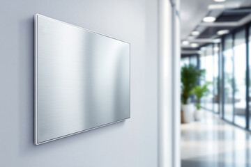 Poster - Metallic panel mounted on a wall in a modern office hallway with blurred plants and natural light in the background.