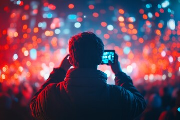 Poster - Person captures colorful city lights at night using a smartphone in a vibrant urban environment