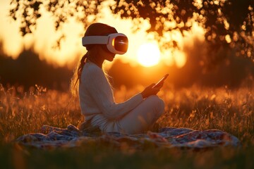 Poster - Young girl enjoying virtual reality as the sun sets in a serene outdoor location on a warm evening