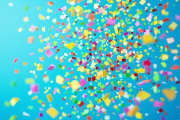 Poster - Bright colorful confetti pieces scattered on a vibrant blue background.