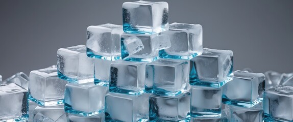 Poster - pyramid of transparent ice cubes with blue tint stacked on a reflective surface against a gray backg