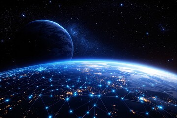 Poster - Digital network connections over Earth with glowing lights in space.