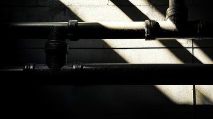 Poster - Industrial Pipe System with Shadows and Light Contrast on Wall