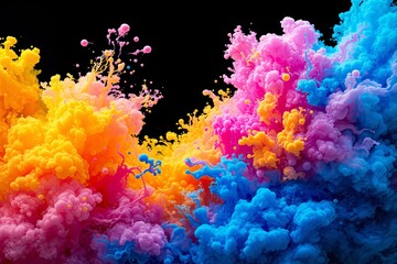 Poster - Vibrant colorful ink clouds in dynamic motion on a black background.