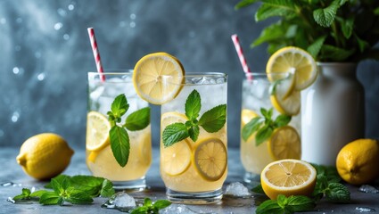 Poster - refreshing lemonade drinks with mint leaves and lemon slices on a table with whole lemons and green 