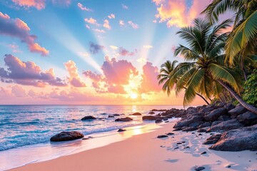 Aufkleber - Stunning tropical beach at sunset with golden sunlight, palm trees, and a serene ocean view.