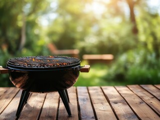 outdoor barbecue grill on wooden deck in a lush green garden with sunlit bokeh background summer coo