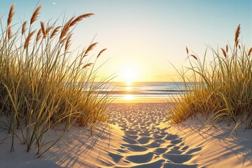 Poster - Serene beach sunset with golden light and sand dunes.