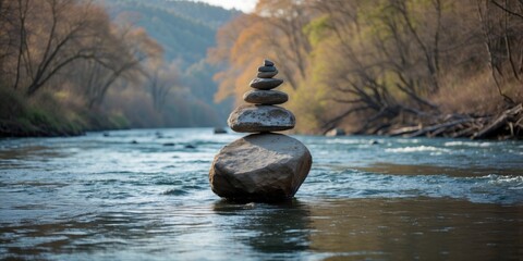 Poster - Stack of smooth stones balanced on a larger rock in a flowing river surrounded by trees and mountains during daylight.