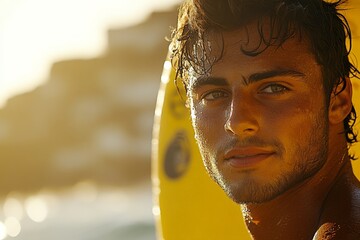 Young man with sun-kissed skin and surfboard enjoying a warm sunset by the beach