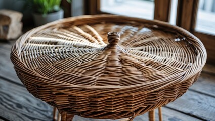 Wall Mural - Wicker round table with a woven surface and a central pedestal, placed in a bright room with wooden flooring and large windows.